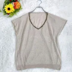 K.T LINO 　半袖ニット　カットソー ベージュ　リネン100% ビジュ付き