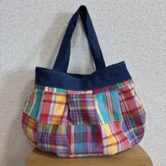 マドラスチェックパッチワーク布（レッド系）×デニムで作ったトートバック