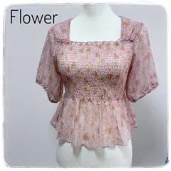 フリーサイズ　Flower トップス　ブラウス　半袖　花柄　シアー　透け　ピンクのサムネイル