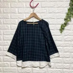 【グローブ】（M）チェック切替ブラウス Uネック バックボタン ラウンドヘム