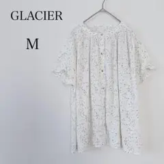 ☆美品☆ グラシア 半袖ブラウス フロントボタン 総柄 さらり生地 白地 【M】