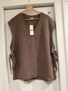 新品タグ付 【GU】ジーユー サイドリボンニットベスト くすみピンク L