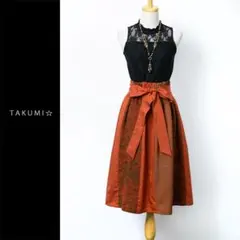 着物リメイク 紬 ちりめん 小紋 ギャザースカート 赤茶系 紅葉幾何学柄