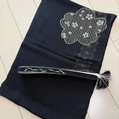 あ*る様 ■6442■美品■正絹■黒桜柄鬼シボ縮緬帯揚げ　モノトーン帯締めセット