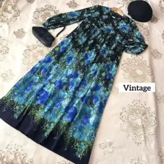 ⭐️レトロ古着　花柄　ロングワンピース⭐️昭和　ヴィンテージ 70s 春　青