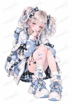 水色サブカル女子｜ガーリー 人物ステッカー ハガキサイズ 3枚セット