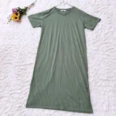 Vandash　半袖Tシャツ　ロングワンピース　Ⅴネック　オリーブグリーン　Ｍ
