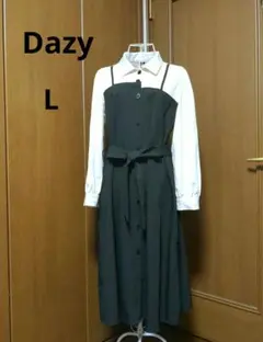 Dazyドッキングワンピース 長袖 ロング丈 ウエストベルト　ベージュ/ブラック