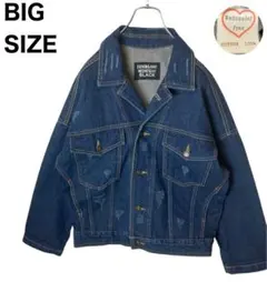 グッドデザイン古着引っ掻きダメージ加工インディゴブルーデニムJKTビッグサイズ