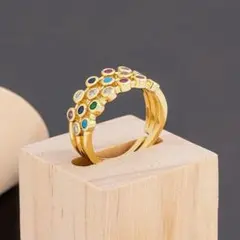 ゴールド レインボー カラフル チャーム フィンガーリング ＃C570-3