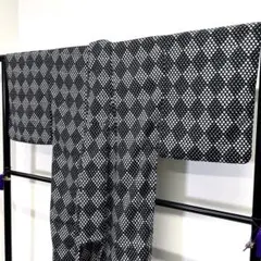小紋　単衣　洗える着物　身丈132　ダイヤ　ドット　モノトーン　着物　072ty