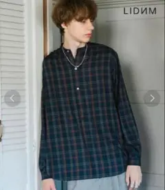 【メルカリ市限定価格】LIDNM バンドカラーチェックシャツ ネイビーMサイズ