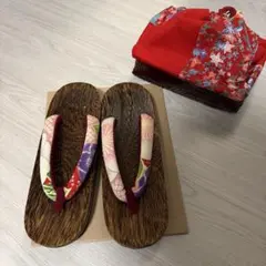 木製下駄 花柄鼻緒 巾着 セット