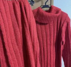 赤 ニット タートルネック 五分袖 ワンピース マフラー セット ウール 羊毛