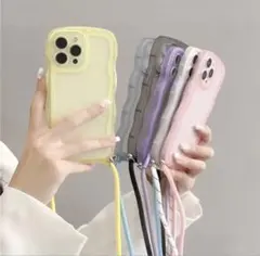 ☆スマホショルダー☆ iPhone12pro ウェーブ 紐付き クリア イエロー