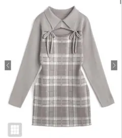 チェック柄フロントオープンリボンニットミニワンピース[ru1373]
