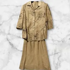 【美品】レリアン　ベージュ　花柄トップス　ロングスカート　セットアップ