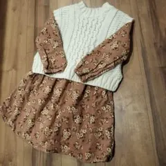 petit main 花柄ワンピース ニットベスト重ね着 100cm~