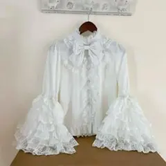 新品　姫系 姫袖 ラッフルフリル ブラウス 白 リボン 地雷 量産型 ロリータ