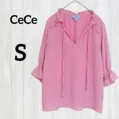 CeCe【S】ピンク Vネック 五分袖 シャツ パフスリーブ ドット柄 春夏