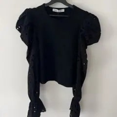ZARA 黒 フリル袖 Tシャツ M