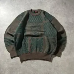 ブラウン グリーン デザイン 模様 ニット 古着