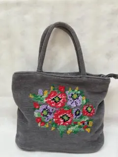 【中古美品】グレー　花柄刺繍 ハンドバッグ
