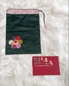 ハンドメイド緑色の六角形刺繍巾着袋とティッシュ入れセット