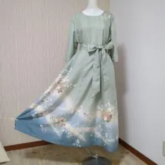 着物リメイク　正絹訪問着　六分袖　フレアーロングワンピース　裏地付