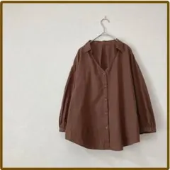 ジーユー バルーンスリーブ シャツ ブラウス 7分袖 M こげ茶色 Vネック