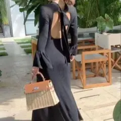 バースデーバッシュ バックオープンリブニットワンピース Aライン　S ネイビー