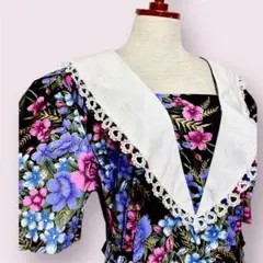 vintageヴィンテージワンピース花柄総柄レースガーリー襟レトロUSA海外古着