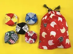 【ハンドメイド】巾着袋付きお手玉5個セット ねこ【おもちゃ】