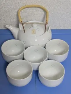 有田焼　仁祥窯　菊峰　ホタル彫り　土瓶茶器揃　急須1&湯呑み5　木箱入り未使用品