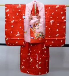 七五三 三歳 女児 被布コート 着物 長襦袢 3点セット ピンク×赤