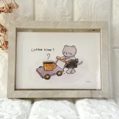 猫の絵　コーヒーと猫　猫の水彩画　猫のイラスト　原画　コーヒーのイラスト