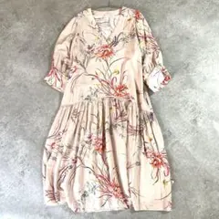 H&M 春夏 花柄 ピンク ベージュ 半袖 ロングワンピース Vネック ゆったり