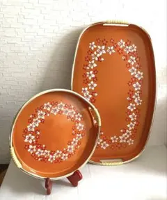昭和レトロ 花柄トレイ 2枚セット お盆 オレンジ 昭和レトロ お盆 トレー 緑 グリーン レトロポップ ヴィンテージ