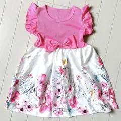 ベビーガール 袖フリル 花柄 ワンピース ドレス リボン ピンク