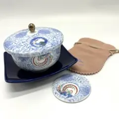 『（D）深川製磁　龍鳳凰唐草セット／蓋付湯呑＋瑠璃舟形茶托＋携帯ミラー／未使近』