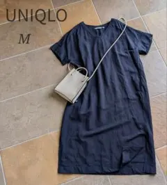 【UNIQLO】 リネンブレンド・コクーンワンピース　濃紺 スリット入 M
