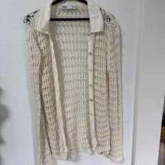 ZARA アイボリー レース編み長袖シャツ S