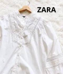 ZARA ◯ レース スタンドカラーブラウス M ◯ バルーンスリーブ 白シャツ