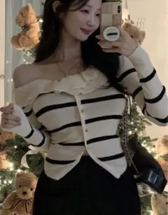 SHEIN DAZY ストライプ柄フィットクロップカーディガン オフショルダー