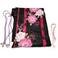 浴衣 3点セット 帯飾り 帯締め コーリンベルト ブラック ピンク 花柄