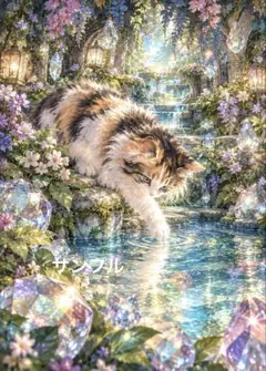 【一作限り】光の庭園と三毛猫 E453 猫 花 宝石 幻想アート