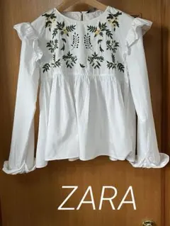 ZARA ザラ　刺繍　ブラウス　白　ボタニカル　花リーフ　フリル　ギャザー M