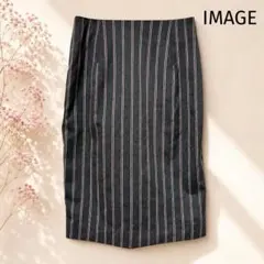 【イマージュ】ストライプ タイトスカート 38 M グレー ボルドー 膝丈 通勤