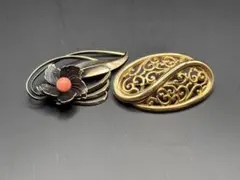 ブローチ 2点セット ヴィンテージ調 フラワー 透かし ゴールド ブラック