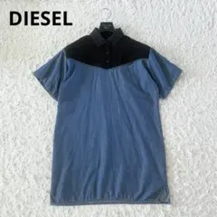 DIESEL シアー＆デニム 異素材混合 ロゴプレート付 オーバー Tシャツ